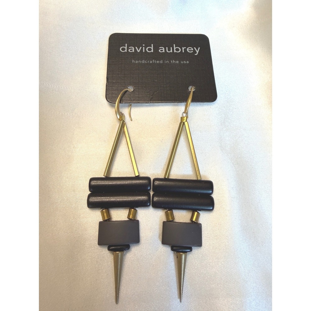 David Aubrey Handcrafted Geometric Spike Drop Earrings Black Gold Tone Brass